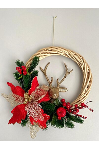 Beykan handmade Στολίδι Πόρτας με Γκλίτερ - Κεφάλι Ελαφιού Κοκίνα