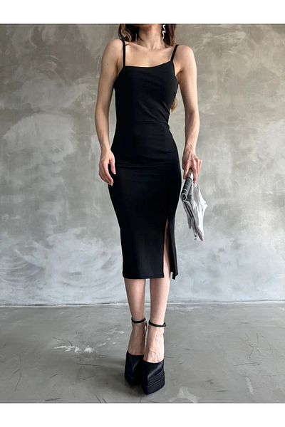 WoolnClyde Women's Black Rope Strap Slit Detailed Midi Length Diving Dress