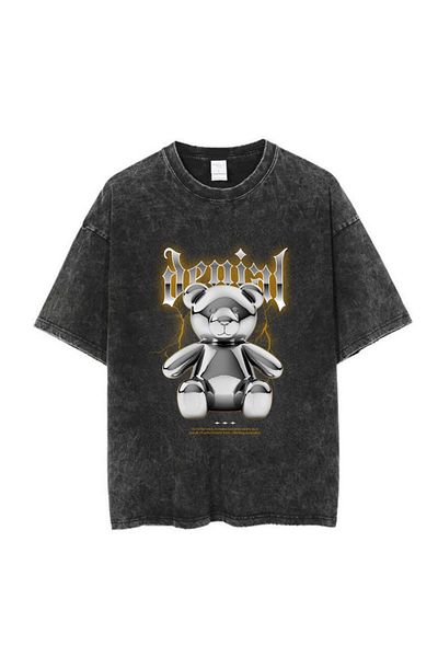 Touz Moda Πλένεται Bear Printed Unisex Oversize Vintage T-shirt