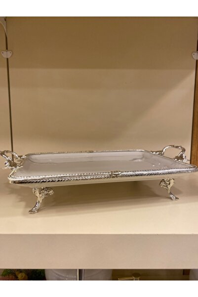 PLUS HOME PORSELEN DÖKÜM PİRİNÇ AYAKLI KULPLU SUNUM GÜMÜŞ 35X26