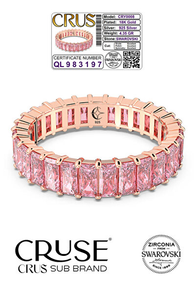 Cruse 925 Ayar Gümüş Sertifikalı Pembe Baget Taşlı Tamtur Yüzük 18 Ayar Rose Altın Kaplama Işıklı Kutu