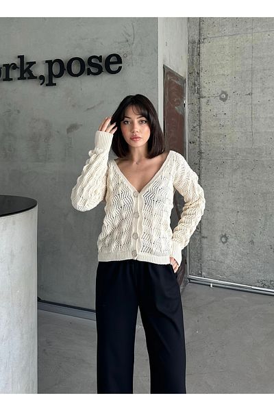 NATUFIAN STORE Women's Patterned V-Neck Knitwear Cardigan
