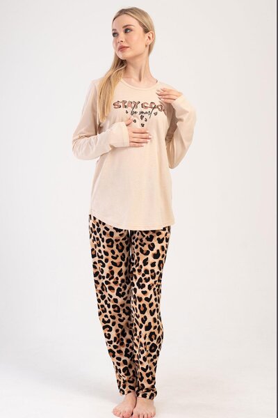 VİENETTA Vienetta Bej Kadın Uzun Kollu Büyük Beden Pamuk Suprem Pijama Takımı