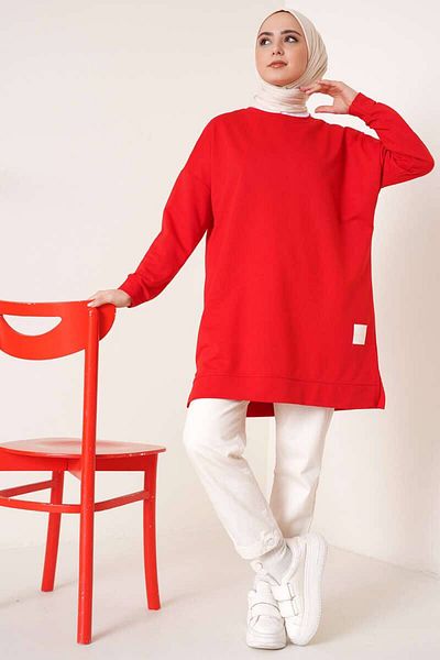 BYKUZEYARAS Two Thread Slit Detailed Red Hijab Sweat