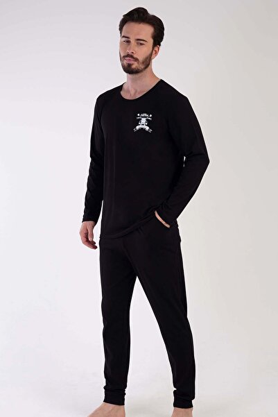VİENETTA Vienetta Man Black Men's Long Sleeve P.Supreme Pajamas Set