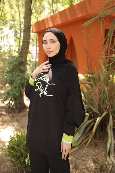 Ryzi Moda Μαύρο Κεντημένο Oversize Γυναικείο Σετ Φούτερ - 2 Κλωστές Lycra