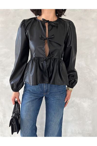 ELBEY Leather Long Sleeve Blouse with Gathered Sleeves and Tie Front