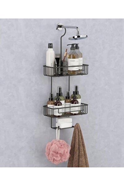 Geseus Duş Borusuna Asılabilir Kancalı İki Katlı Banyo Raf  Siyah BK-0068