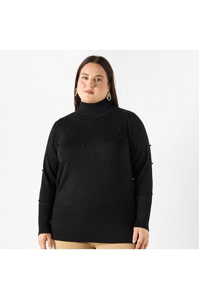 Ulla Popken Plus Size Ulla Popken Pearl Embellished High-Neck Sweater with Side Slit