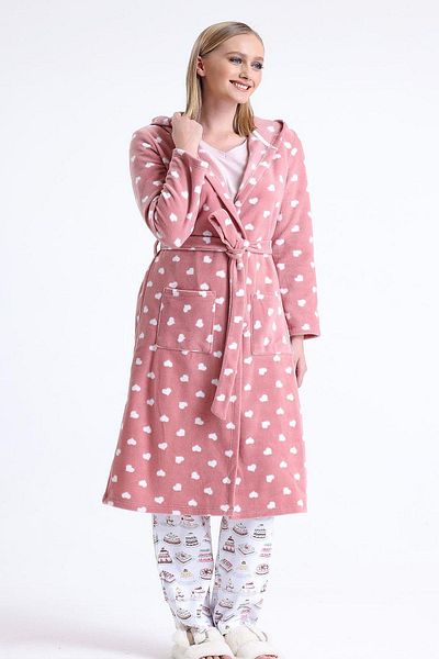 Magic Form 32456 Women's Fleece Hooded Long Dressing Gown - Dried Rose with Eye Patch Gift