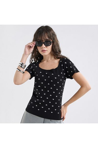 FAV Textured Square Neck T-shirt with Short Sleeves