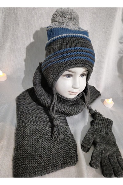 Kitti Erkek Gri Mavi Çocuk Şapka Atkı Eldiven Takımı Içi Polarlı