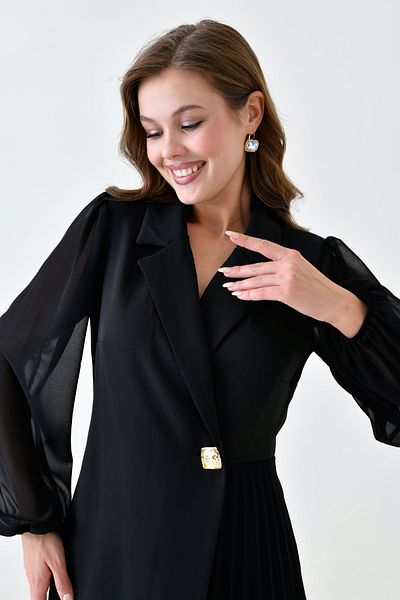 4S1B FASHION Double Breasted Cut Pleated Black Women's Office Dress - Tulle Sleeves, 24K2169