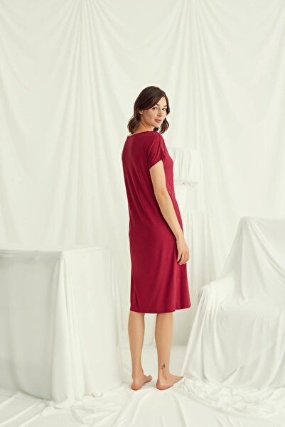 MONAMİSE 18518 Women's V-Neck Lace Buttoned Short Sleeve Nightgown-Red