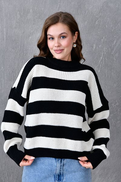 WOMAN VISION Pulover de damă, cu umăr dezactivat, cu mânecă evazată, cu decolteu, cu mânecă lungă, cu dungi supradimensionate, tricotaje negre, 6600