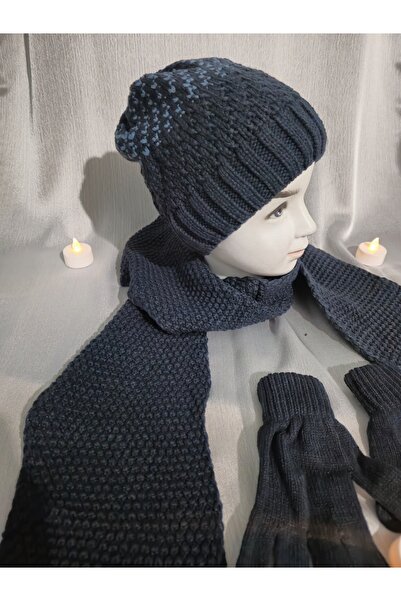 Kitti Erkek Çocuk Lacivert Dışı Örme Triko Içi Polar Şapka Atkı Eldiven Takımı