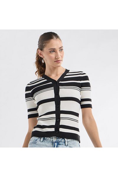 FAV Striped Button Through Top with Short Sleeves