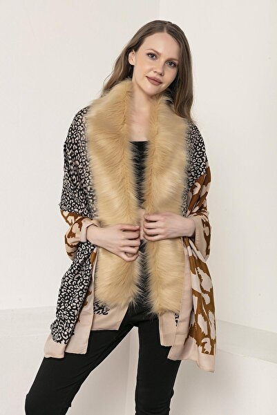 MARBERRY Patchwork Leopard Patterned Beige Women's Poncho