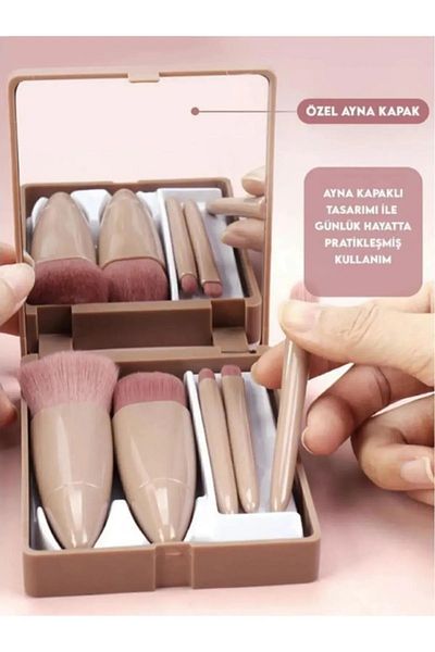 keyfisepet en keyifli sepet Portable Mirrored 5-Piece Makeup Brush Set Eye Shadow, Foundation, Blush Blending, Makeup Brushes