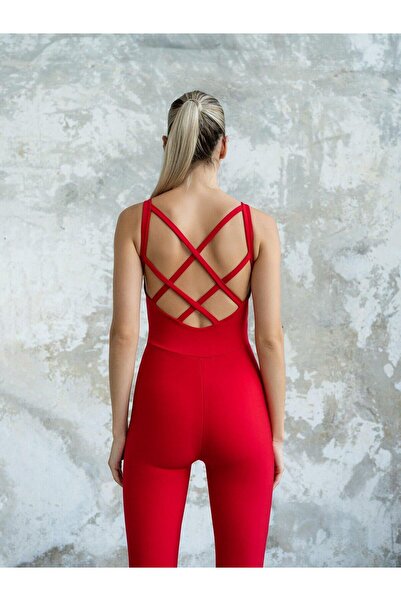 LizzSpor Kırmızı Çift Çapraz Bantlı Spor Tulum