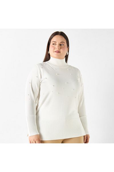 Ulla Popken Plus Size Ulla Popken Pearl Embellished High-Neck Sweater with Side Slit