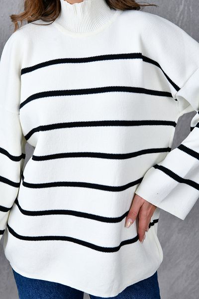 vuvutasarım Women's Modest Low Long Sleeve Line Patterned Stand Collar Striped Ecru Knitwear Hijab Sweater 6100