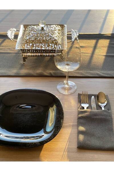 Pyramid Home 6'lı Keten Kaşıklık Servisi - Keten Kumaş Kaşıklık Servisi Çatal Kaşık Bıçaklık Mutfak Servis Sunum