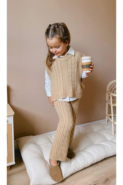 Magu Coffee Colored Spiral Striped Knitwear Shirt and Leggings Set for Girls - 3 Thread Cotton