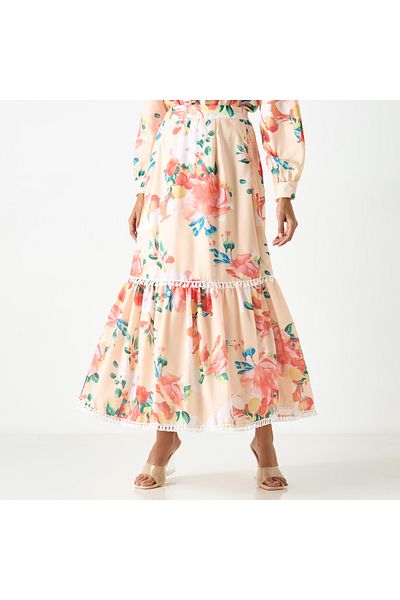 2Xtremz Floral Print A-line Maxi Skirt with Tasseled Lace Detail