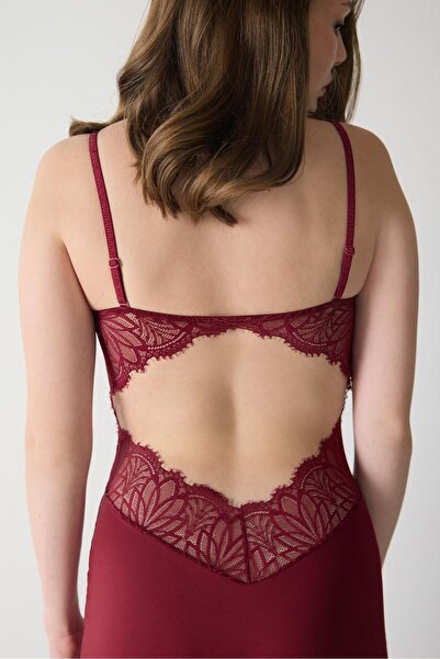 Magic Form 74124 Women's Strappy Ruched Jersey Long Nightgown-Burgundy