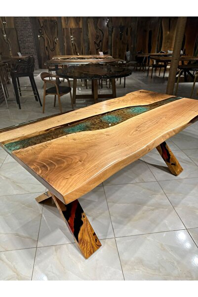 Gül natural furniture Yeşil Kahve Nehir Şeklinde Epoksili Ahşap Masa - Ceviz