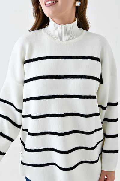 bayansepeti Women's Low Long Sleeve Stripe Patterned Stand Collar Oversize Fit Striped Ecru Knitwear Sweater 6100