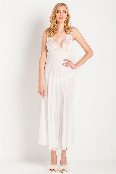 Magic Form 71770 Women's Lace Long Crepe Nightgown - Thick Sling and Front Low-Cut - Ecru