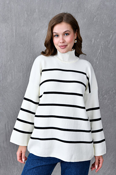 WOMAN VISION Ecru Striped Oversize Knitwear Sweater - Wide Sleeve, Off Shoulder, Stand Collar 6100