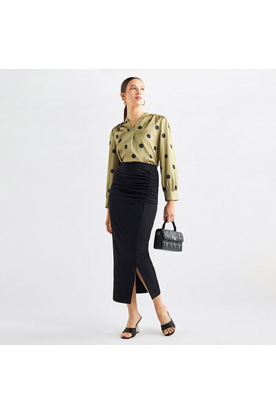 FAV Ruched Detail Midi Pencil Skirt with Slit