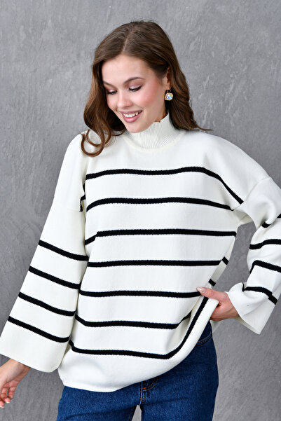 WOMAN VISION Ecru Striped Oversize Knitwear Sweater - Wide Sleeve, Off Shoulder, Stand Collar 6100