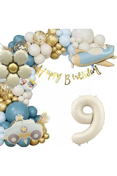 Bkmc Petrecere de aniversare cu baloane de 9 ani? Set - Avion, cărucior Poly?...