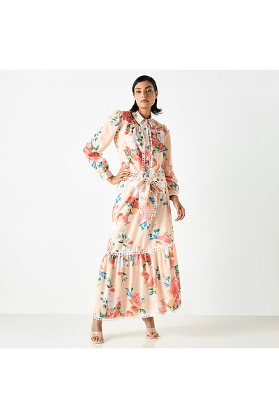 2Xtremz Floral Print A-line Maxi Skirt with Tasseled Lace Detail