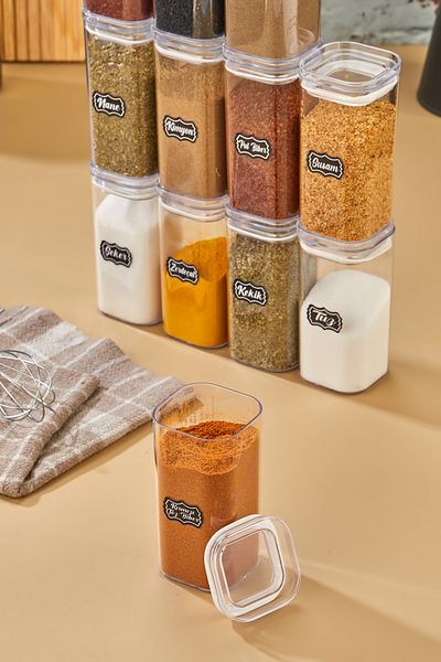 trendy kitchen 12-Piece 300ml Vacuum Lid Spice Dispenser Set - Leak-Proof Gasket - With Label Gift