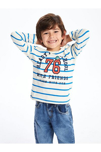 LC Waikiki LCW Kids ριγέ μπλουζάκι με λαιμόκοψη με μακρυμάνικο εμπριμέ μπλουζάκι για αγόρι