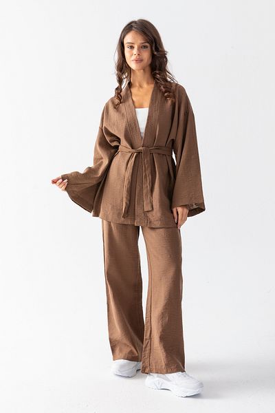 TUBA SÖZEN BUTİK Wide Leg Linen Textured Bottom Top Kimono Set