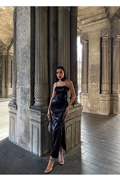 Rabury Butik Elegant Payetli Güllü Boyun Aksesuarlı Yırtmaçlı Midi Elbise