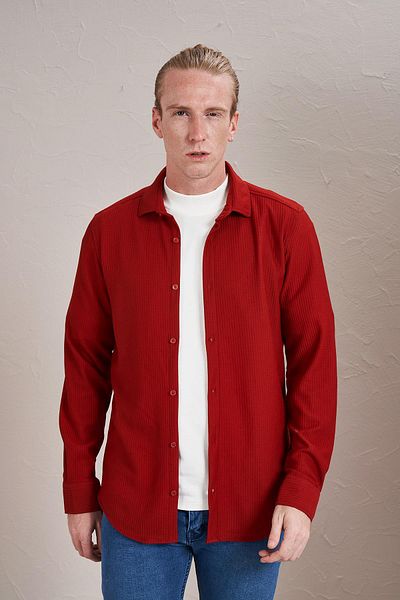 TENA Cămașă roșie cu mânecă lungă, otomană, fără buzunar, slim fit