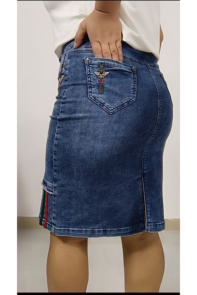 AKŞEN GİYİM Large Size Women's Stoned Washed Embroidery Detailed 100% Denim Fabric Jeans Short Skirt