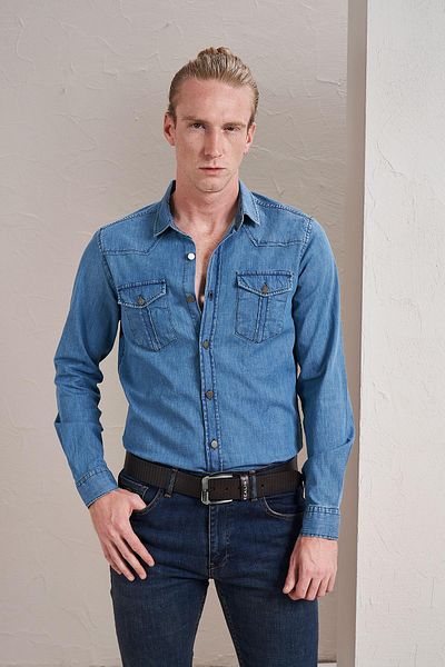 TENA Cămașă pentru bărbați, albastru deschis, cu mânecă lungă, cu buzunar dublu, slim fit