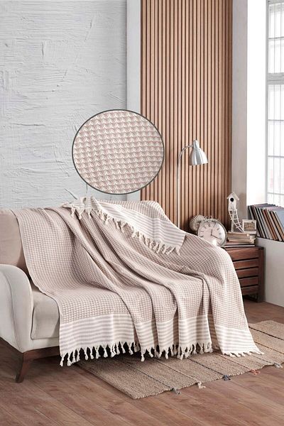 LADYNİL Pyramid Beige Sofa Cover| Sofa Shawl 180x210 Cotton