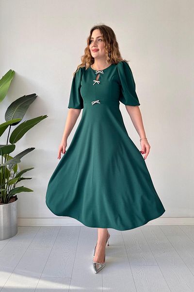 MaziButik Σμαραγδένιο Κρεπ Φόρεμα - Τρία Φιόγκοι