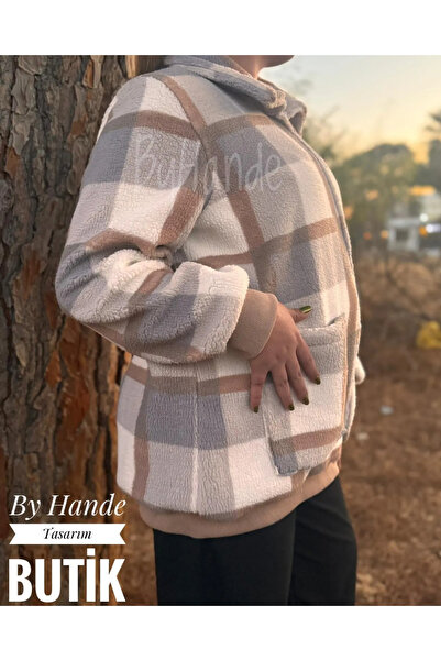 BY HANDE TASARIM Γυναικείο καρό βελούδινο μπουφάν από βελούδινο αρνί