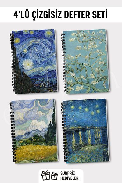 Eldesen Tasarım Van Gogh Spiral Unlined School Notebook Set, A5 / 50 Sheets 100 Pages Set of 4, Unlined Notebook Set
