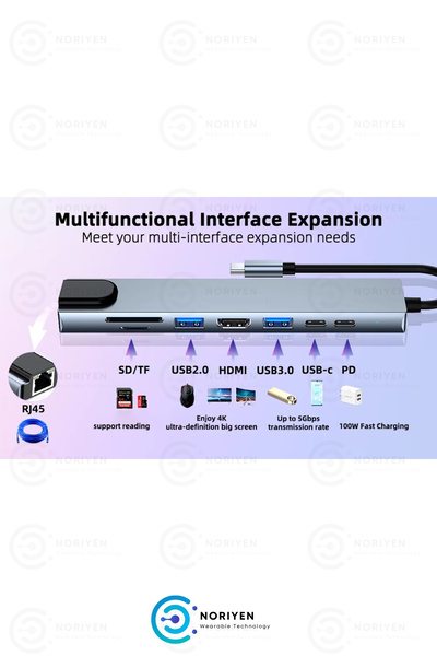 Noriyen 8in1 Macbook Pro Air Usb Type-c Hub Dönüştürücü Çevirici Çoklayıcı Usb Hdmi Micro SD 8 Girişli